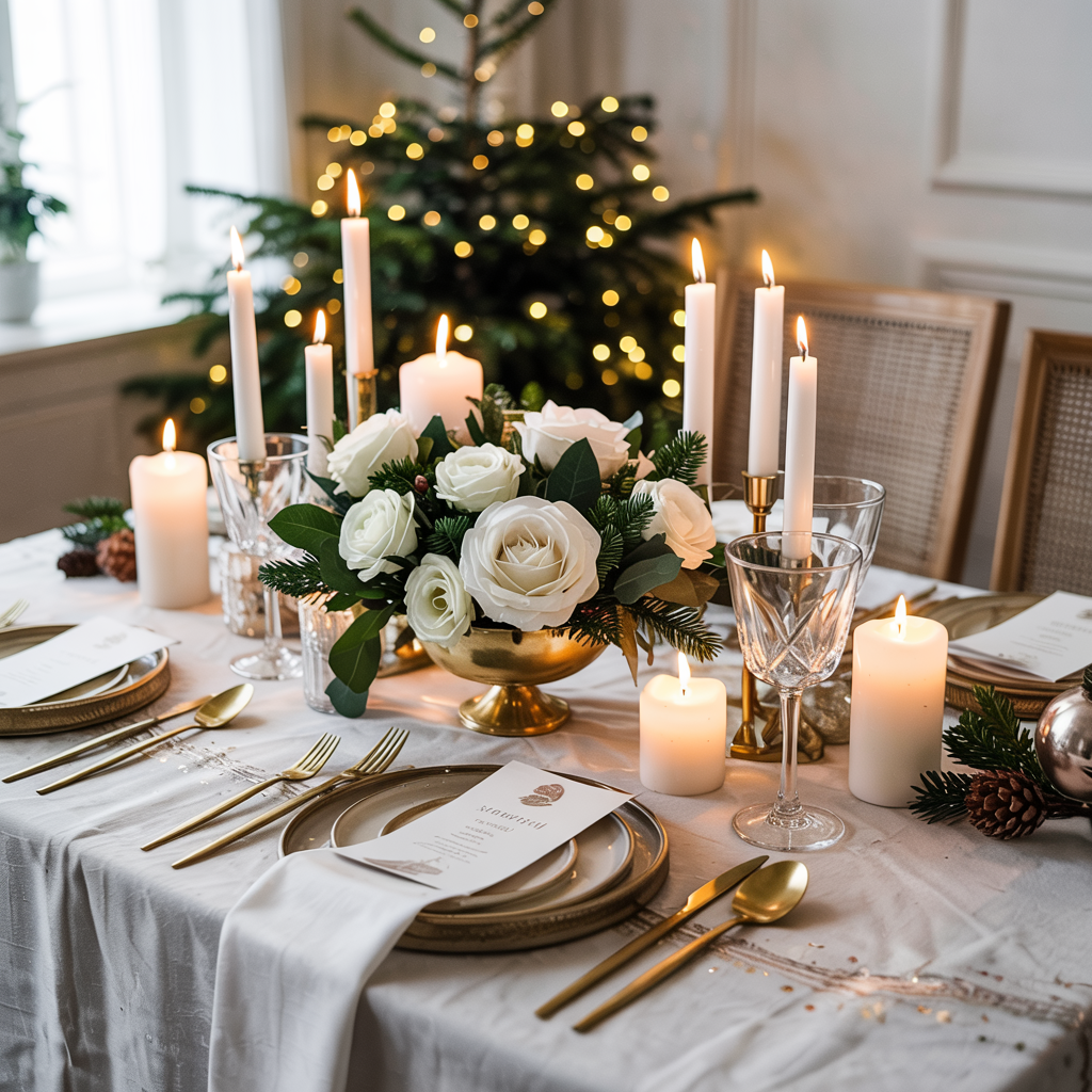 Elegant White, Gold, and Neutral Christmas Table Settings